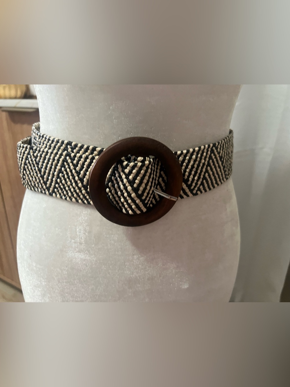 Woven Black & Cream Round Buckle Waist Belt